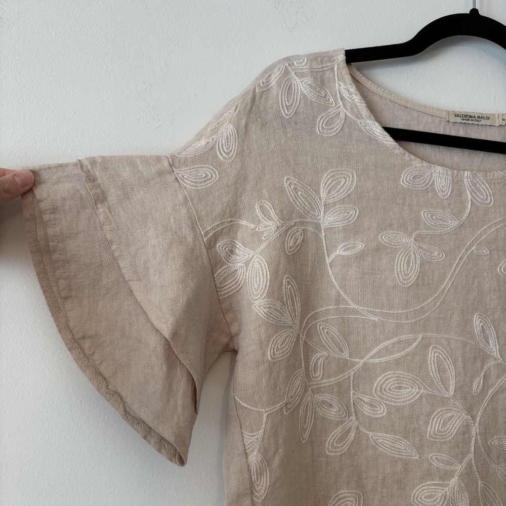 100% Linen Floral Embroidered Flutter Sleeve Top Beige S Lagenlook Artsy Coastal - Picture 4 of 9